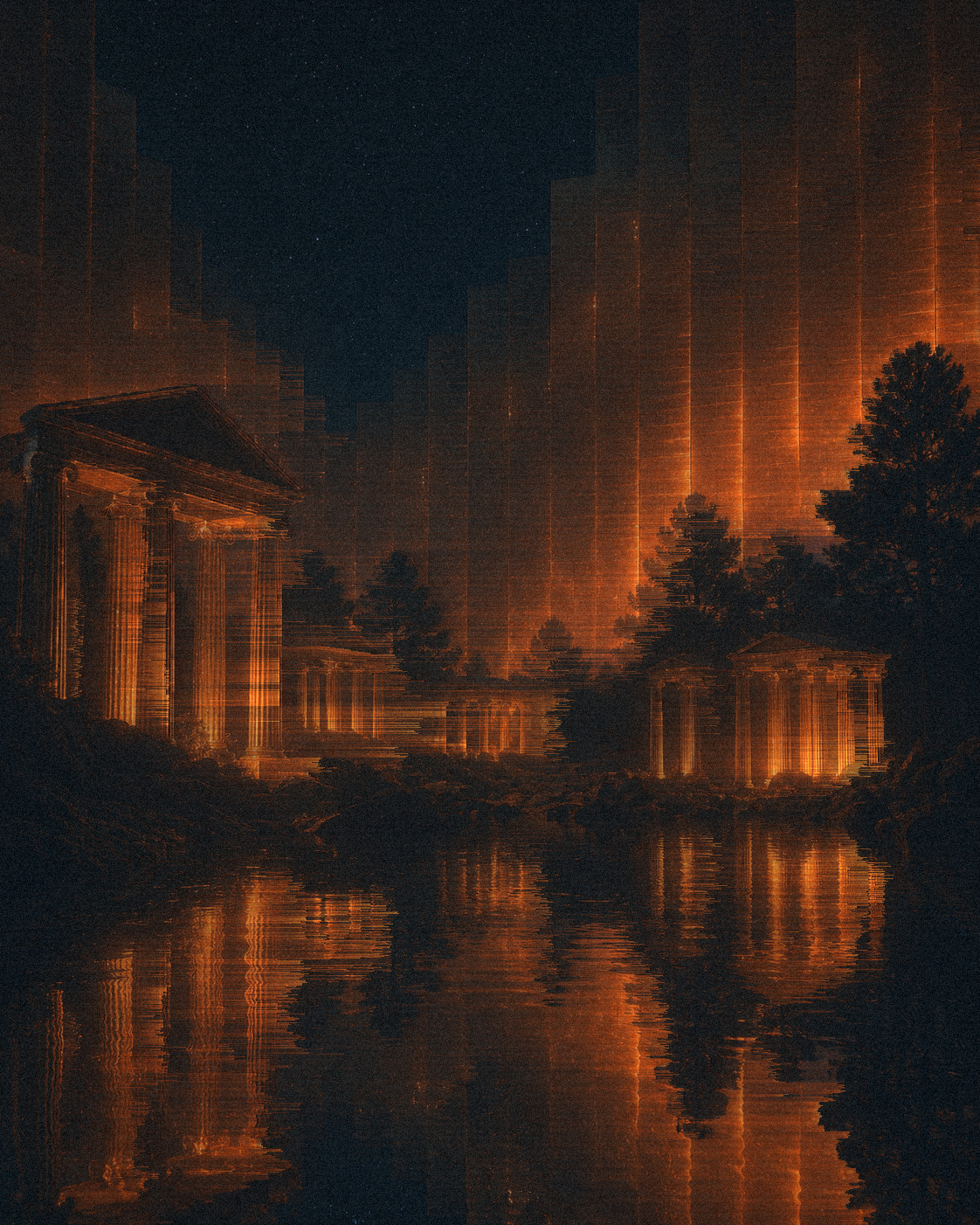 Classical columned pavilions at twilight with rising ribbons of light reflecting on still water
