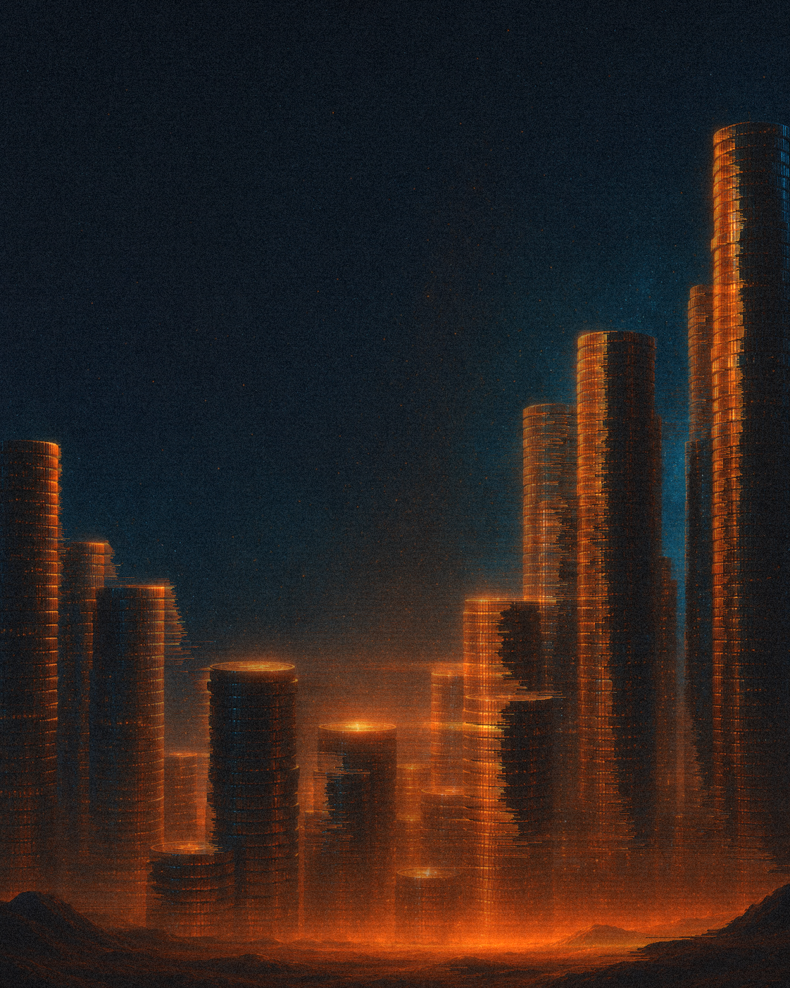 Towers of stacked gold coins rising like a city skyline beneath a deep night sky
