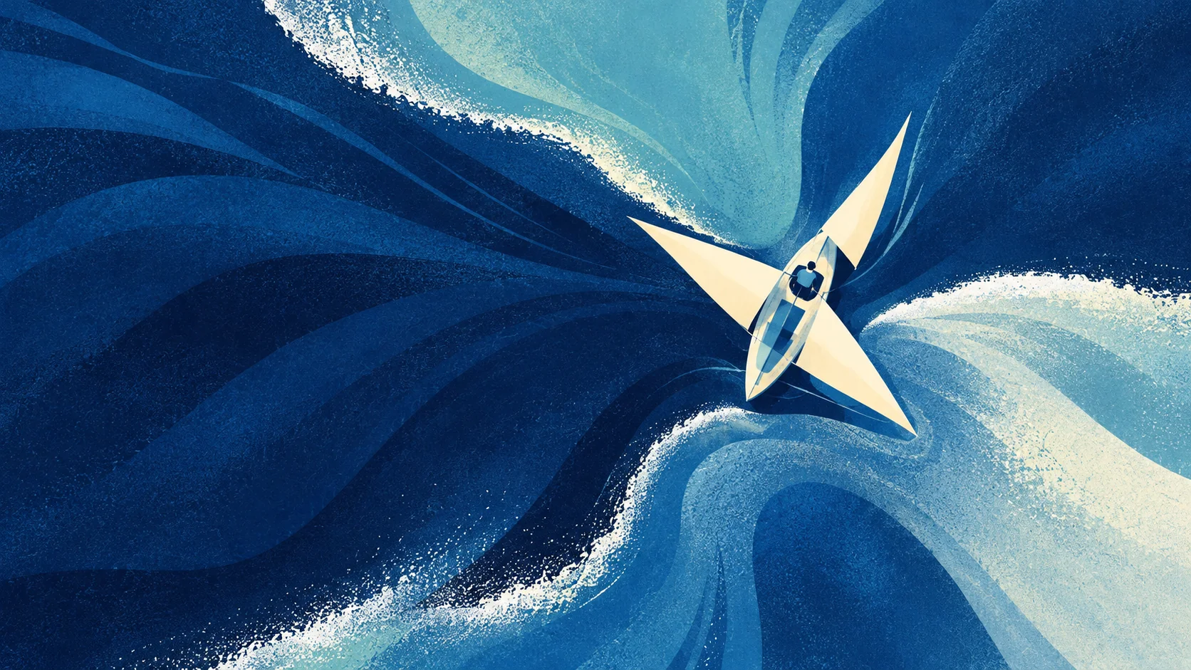 A three-sailed boat navigates converging ocean currents.