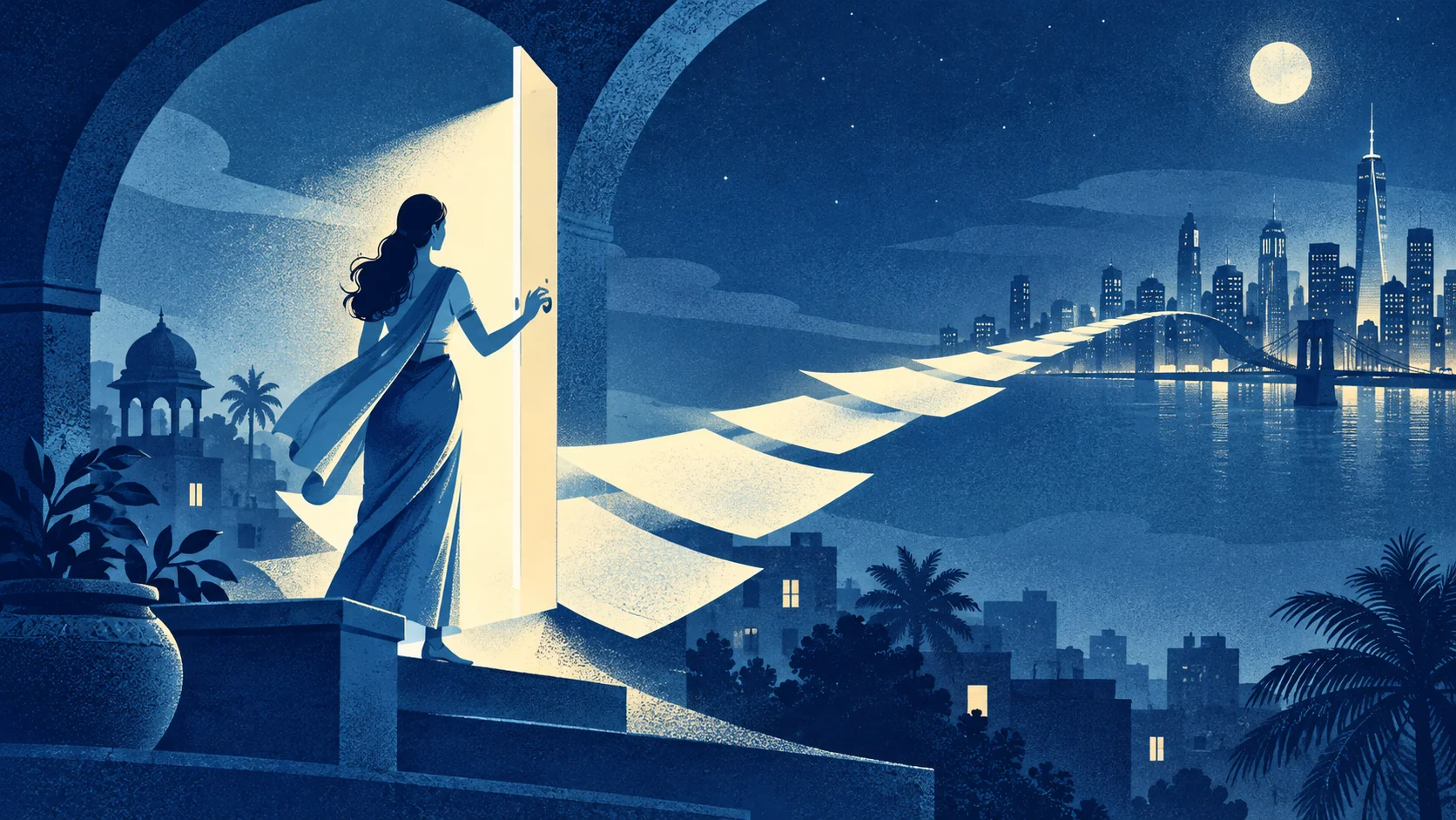 A woman opens a glowing door onto a floating path toward New York.