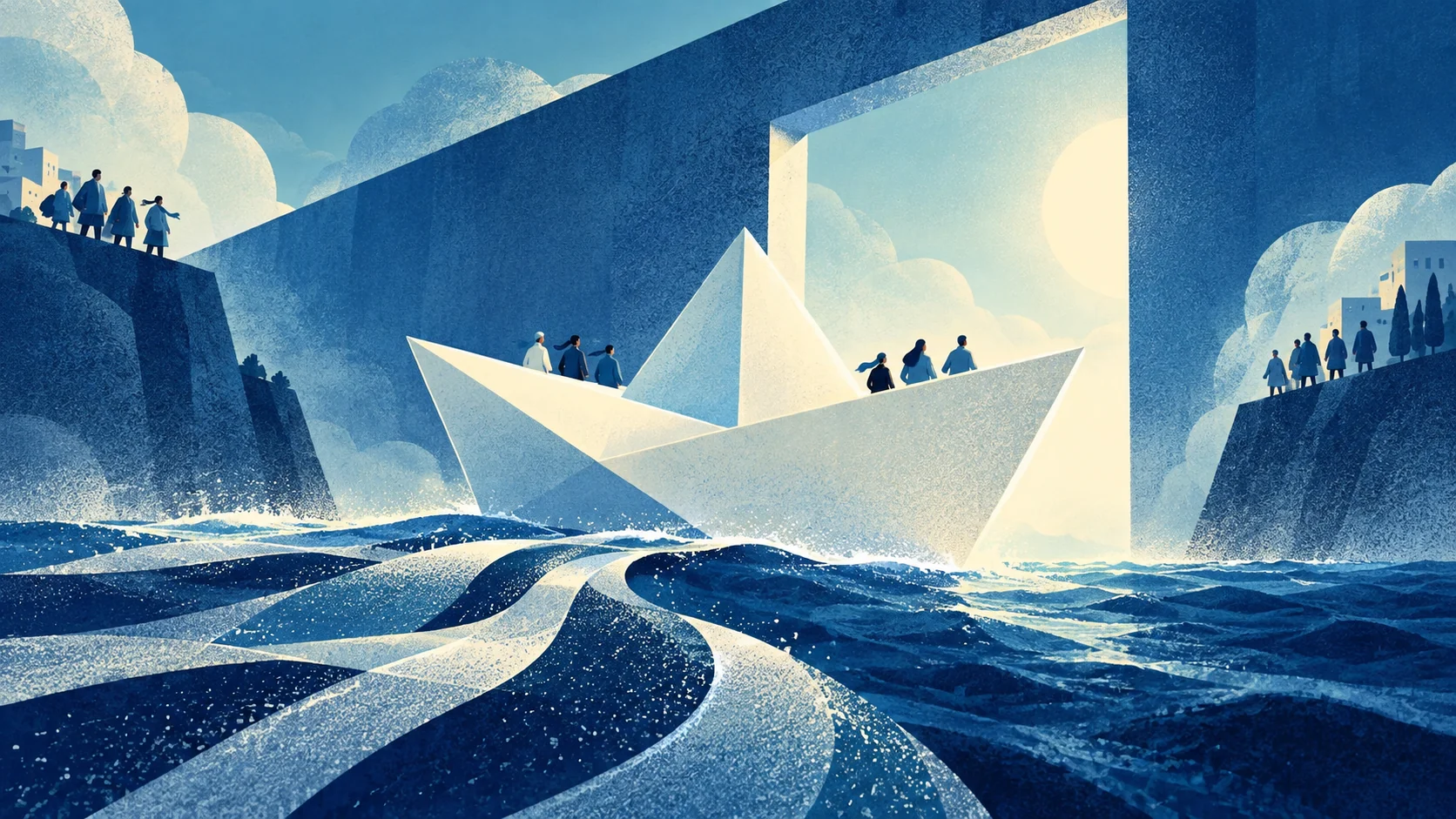 A giant paper boat passes through a monumental opening in an ocean wall.