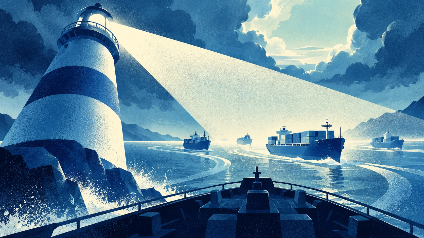 A lighthouse guides merchant ships through a blue harbor.