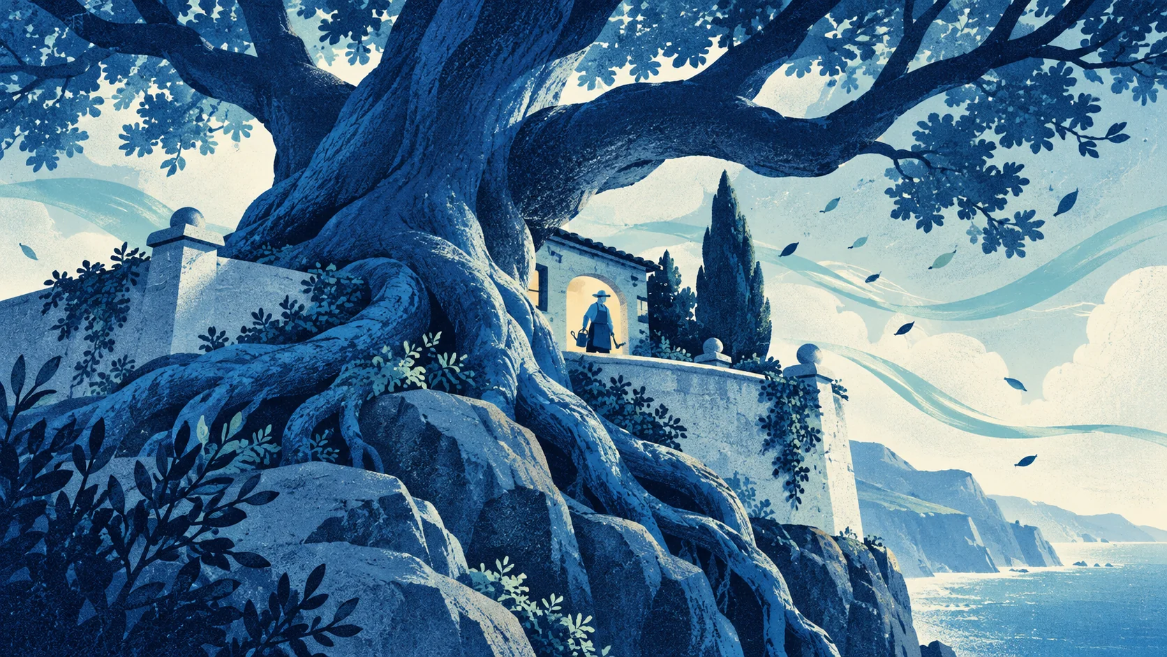 An ancient tree shelters a courtyard and gardener above a windswept cliff.